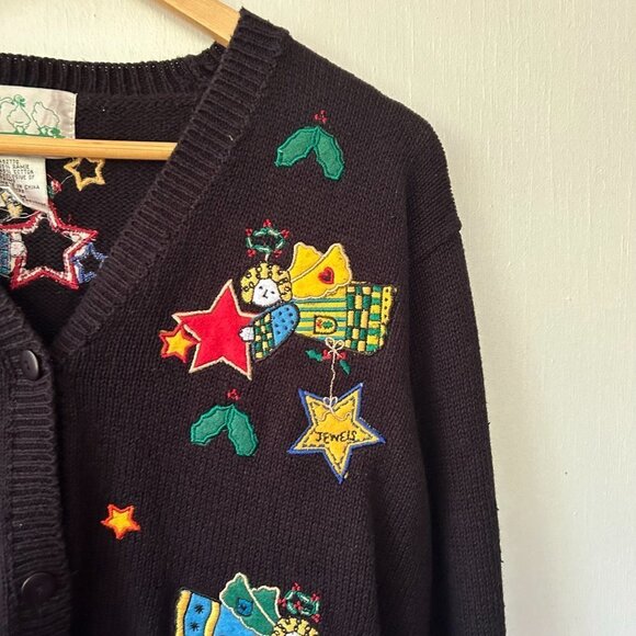 Quacker Factory Cardigan Womens Medium Black Knit Sweater Angels Miracles VTG - Picture 4 of 7